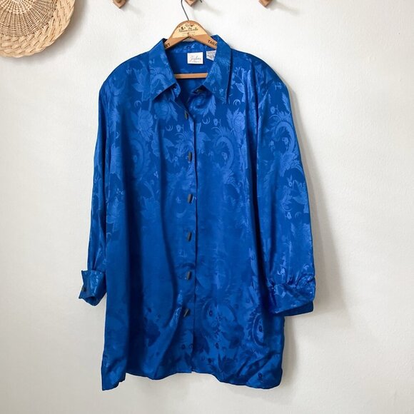 Vtg Jaclyn Smith blue brocade silky 22W tunic top button front‎ loose - Picture 1 of 7